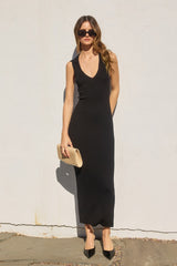 Black Knit Collared Deep V-Neck Maxi Dress