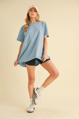 Blue Oversized Cut Hem Short Sleeve T-Shirt