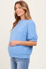 Blue Knit Maternity Puff Sleeve Top