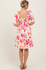 Cream/Red Floral Smocked Top Mini Dress
