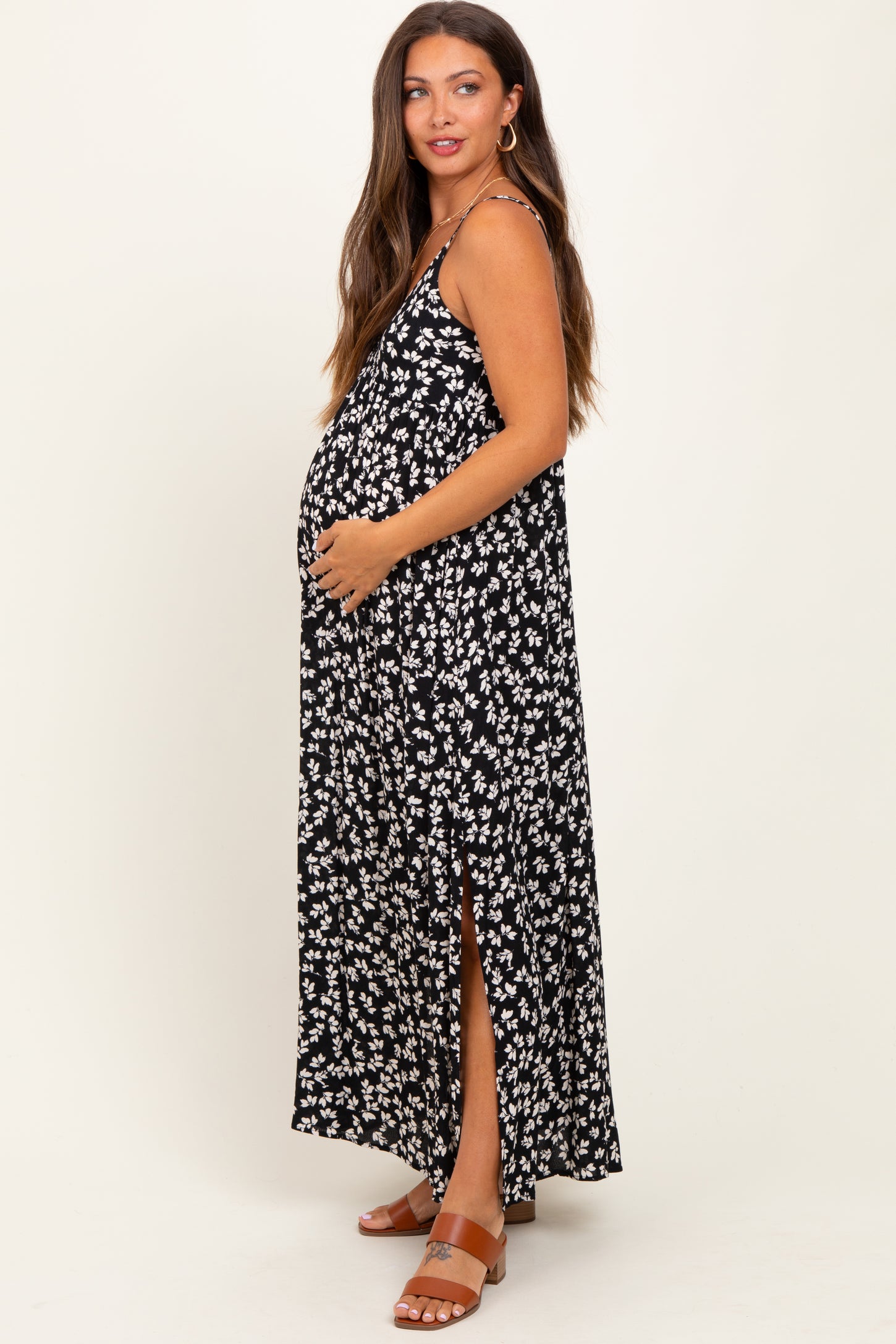 Black Floral V-Neck Maternity Maxi Dress