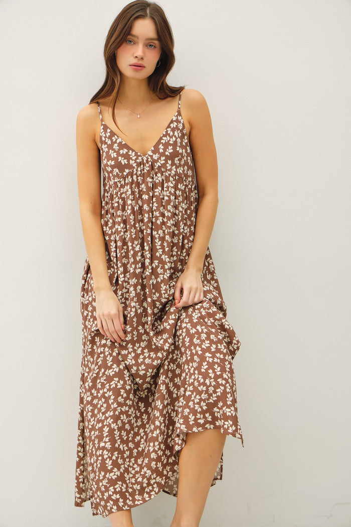 Mocha Floral V-Neck Maxi Dress