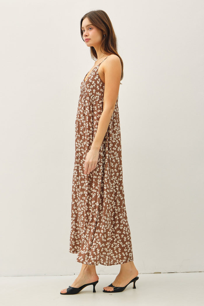 Mocha Floral V-Neck Maxi Dress