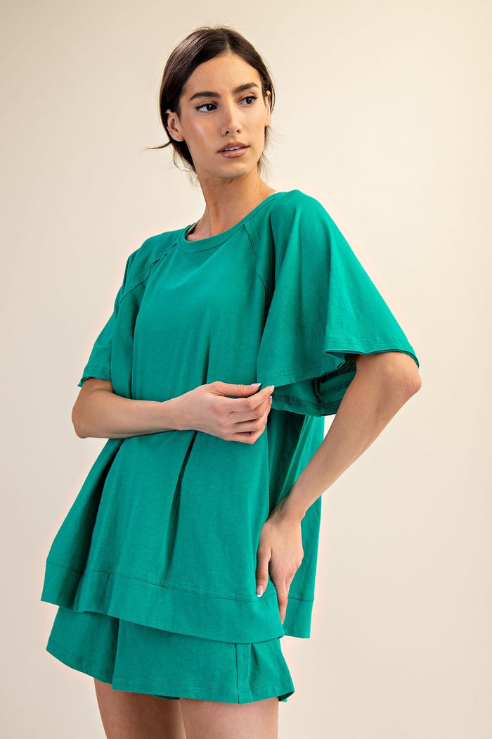 Green Oversized Raw Hem Short Sleeve Tee