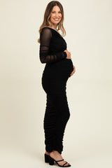 Black Ruched Mesh One Shoulder Long Sleeve Maternity Maxi Dress