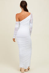 White Ruched Mesh One Shoulder Long Sleeve Maxi Dress