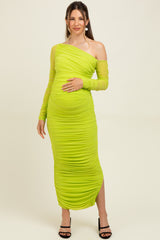 Lime Ruched Mesh One Shoulder Long Sleeve Maternity Maxi Dress