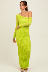 Lime Ruched Mesh One Shoulder Long Sleeve Maxi Dress