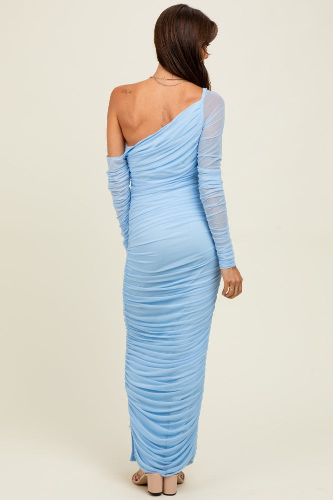 Light Blue Ruched Mesh One Shoulder Long Sleeve Maxi Dress