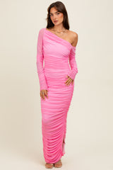 Pink Ruched Mesh One Shoulder Long Sleeve Maxi Dress