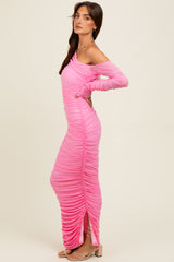 Pink Ruched Mesh One Shoulder Long Sleeve Maxi Dress