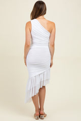 White Ruched Mesh One Shoulder Asymmetric Maternity Dress