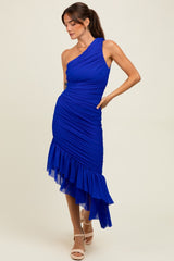Royal Ruched Mesh One Shoulder Asymmetric Dress