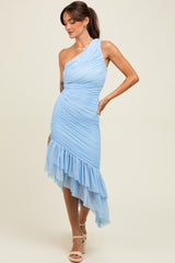 Light Blue Ruched Mesh One Shoulder Asymmetric Dress