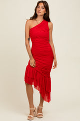 Red Ruched Mesh One Shoulder Asymmetric Dress