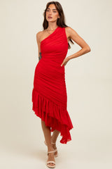 Red Ruched Mesh One Shoulder Asymmetric Maternity Dress