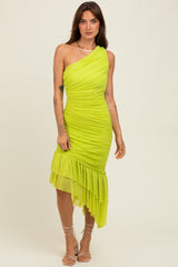 Lime Ruched Mesh One Shoulder Asymmetric Maternity Dress