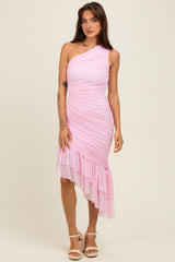 Light Pink Ruched Mesh One Shoulder Asymmetric Dress