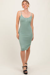 Sage Ribbed Button Maternity Midi Dress