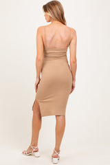 Camel Ribbed Button Maternity Midi Dress