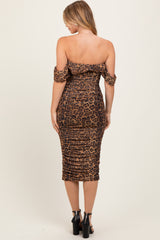 Brown Animal Print Off Shoulder Ruched Mesh Midi Dress