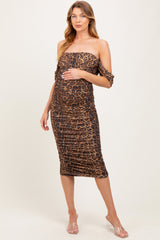 Brown Animal Print Off Shoulder Ruched Mesh Maternity Midi Dress