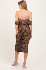 Brown Animal Print Off Shoulder Ruched Mesh Maternity Midi Dress