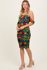 Black Tropical Mesh Ruched Off Shoulder Dress