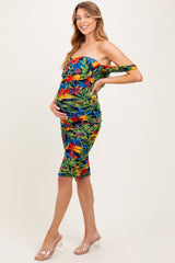 Black Tropical Mesh Ruched Off Shoulder Maternity Dress