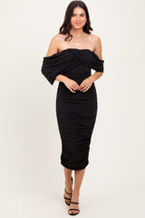 Black Off Shoulder Draped Ruched Midi Dress