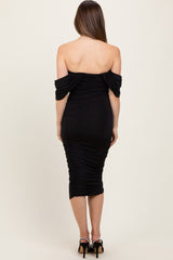 Black Off Shoulder Draped Ruched Maternity Midi Dress