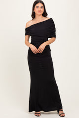 Black Off Shoulder Foldover Ruched Maxi Dress