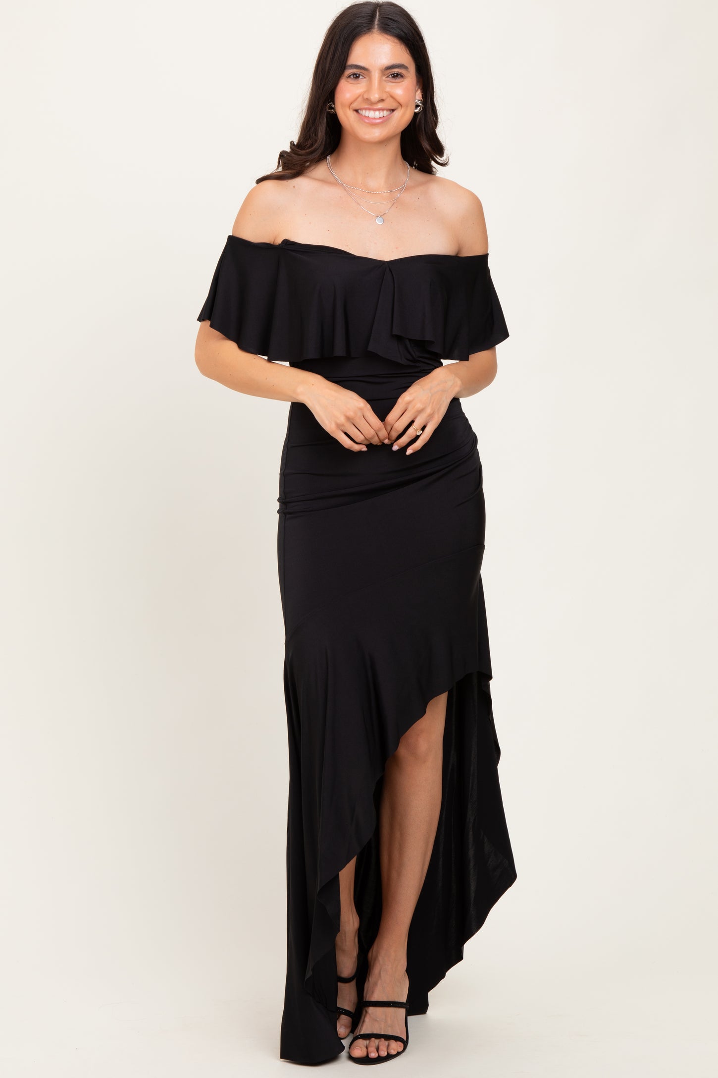 Black Off Shoulder Ruffle Hi-Low Maxi Dress