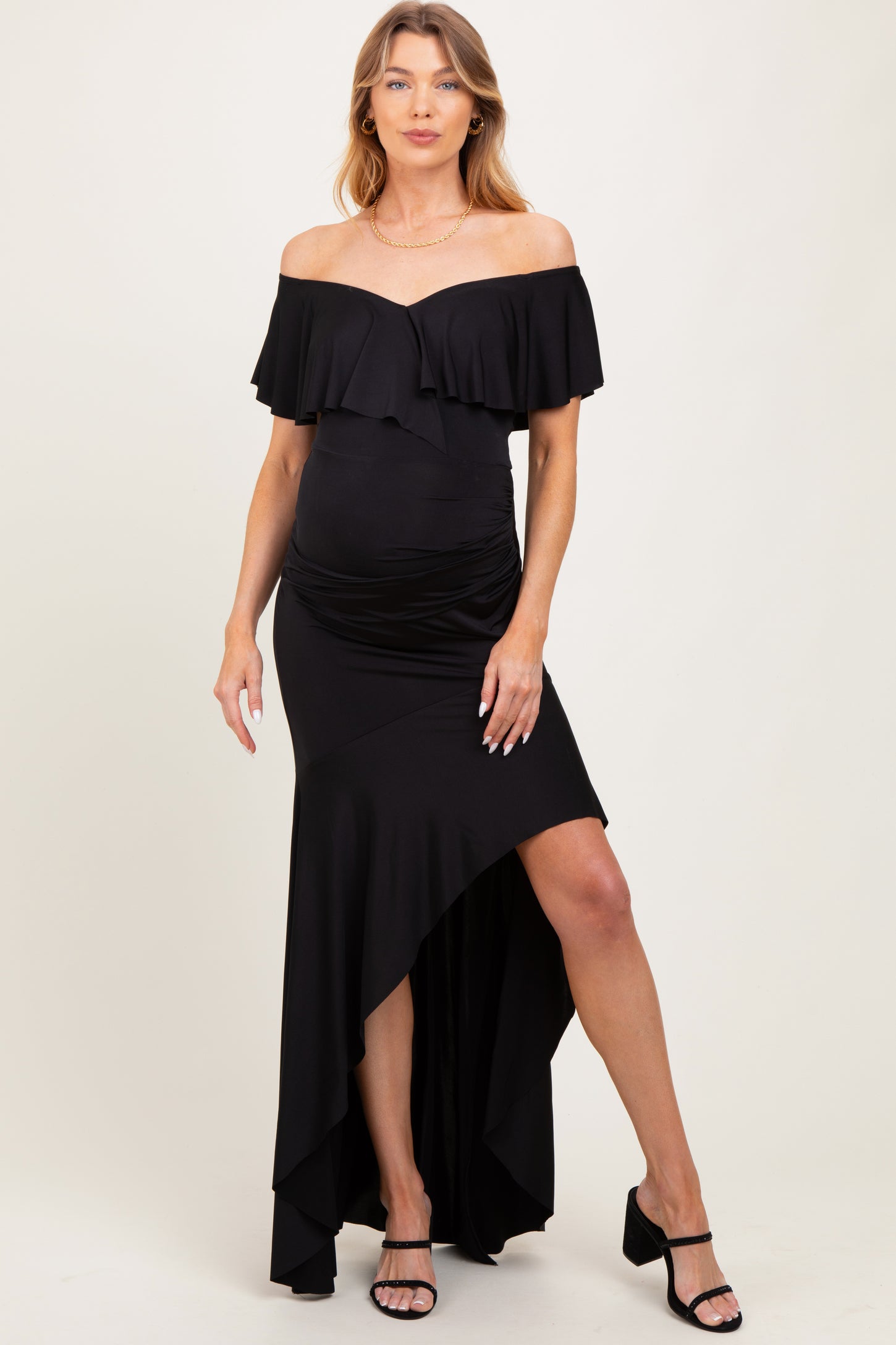 Black Off Shoulder Ruffle Hi-Low Maternity Maxi Dress