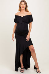 Black Off Shoulder Ruffle Hi-Low Maternity Maxi Dress