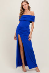 Royal Foldover Off Shoulder Ruched High Slit Maternity Maxi Dress