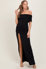 Black Foldover Off Shoulder Ruched High Slit Maternity Maxi Dress