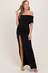 Black Foldover Off Shoulder Ruched High Slit Maxi Dress