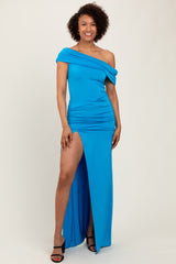 Turquoise Foldover Off Shoulder Ruched High Slit Maxi Dress