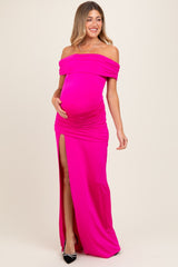 Fuchsia Foldover Off Shoulder Ruched High Slit Maternity Maxi Dress