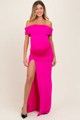 Fuchsia Foldover Off Shoulder Ruched High Slit Maternity Maxi Dress