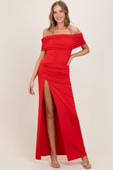 Red Foldover Off Shoulder Ruched High Slit Maxi Dress