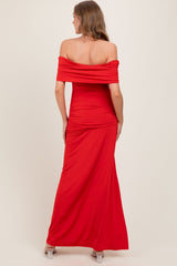 Red Foldover Off Shoulder Ruched High Slit Maxi Dress