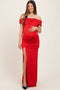 Red Foldover Off Shoulder Ruched High Slit Maternity Maxi Dress