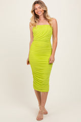 Lime Ruched Mesh Sleeveless Midi Dress