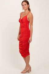 Red Ruched Sweetheart Neckline Midi Dress