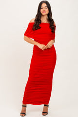 Red Ruched Mesh Foldover Off Shoulder Maternity Maxi Dress