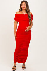 Red Ruched Mesh Foldover Off Shoulder Maternity Maxi Dress