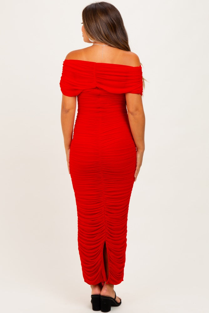 Red Ruched Mesh Foldover Off Shoulder Maternity Maxi Dress