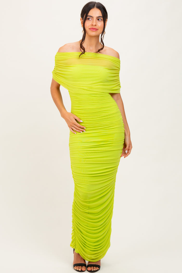 Lime Ruched Mesh Foldover Off Shoulder Maternity Maxi Dress